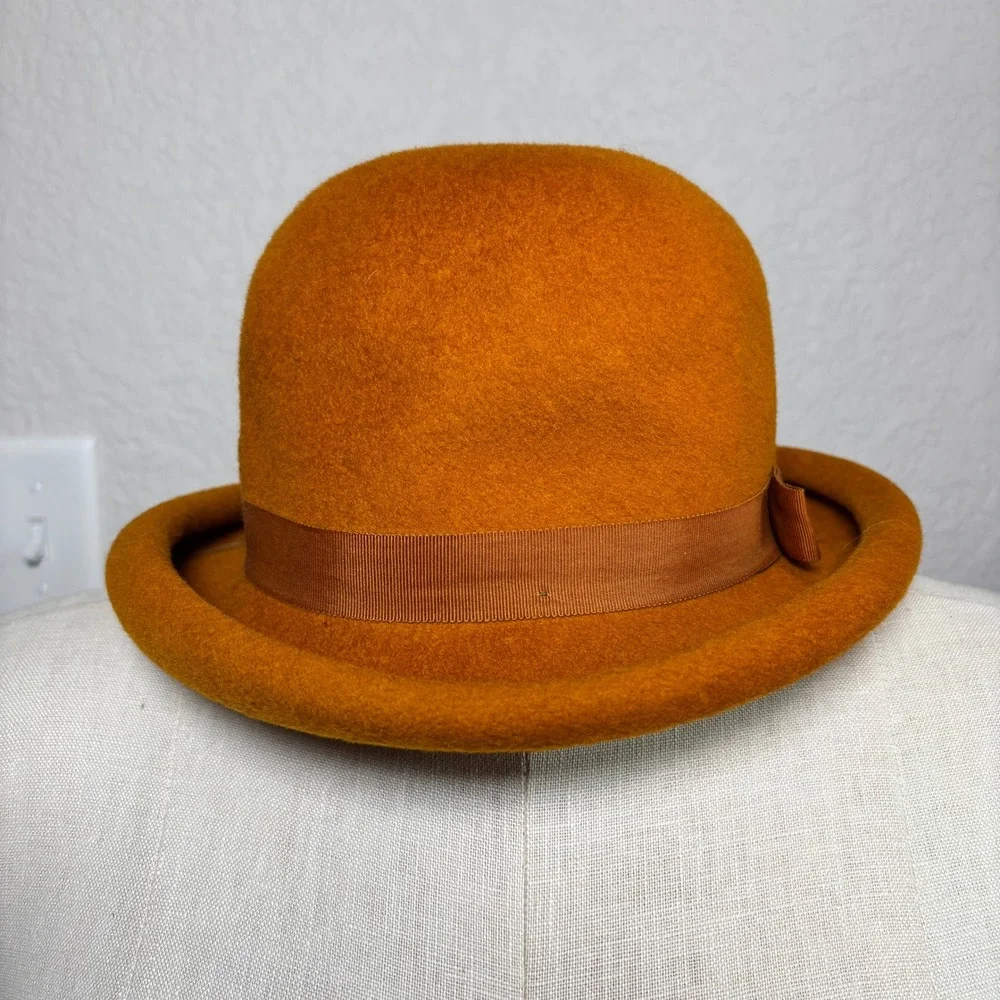 Vintage Union Made Wool Felt Bowler Derby Hat Burnt Orange Grosgrain Ribbon Bow - Picture 7 of 10